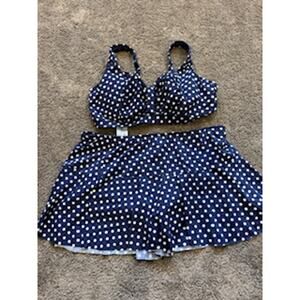 Lands’ End Navy Polka Dot Two Piece Tankini Swim Set Skirt Bottom Women’s 14w